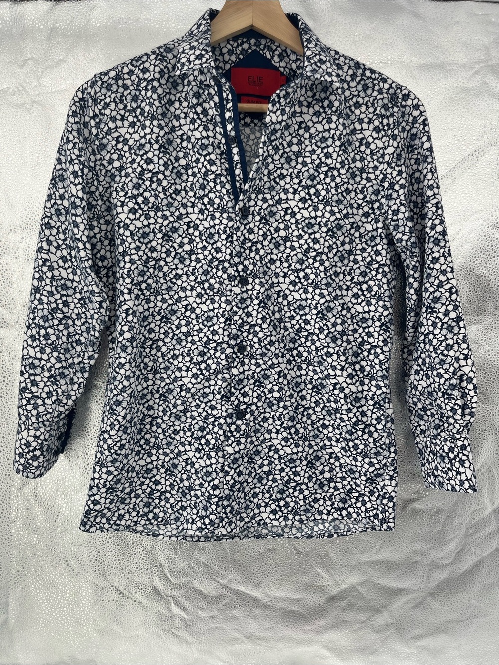 Elie Balleh Milano Italy Navy Floral Slim Fit Long Sleeve Button Up Dress Shirt